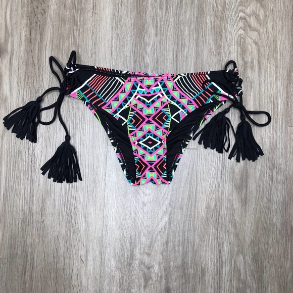 Coco Rave Women's Black Multi All Tied Up Lace Up Cheeky Bikini Swim Bottom sz M - Picture 3 of 4